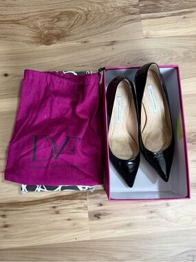 Diane von Fürstenberg Antoinette Black Patent Heels Size 10 w/ Box & Bag